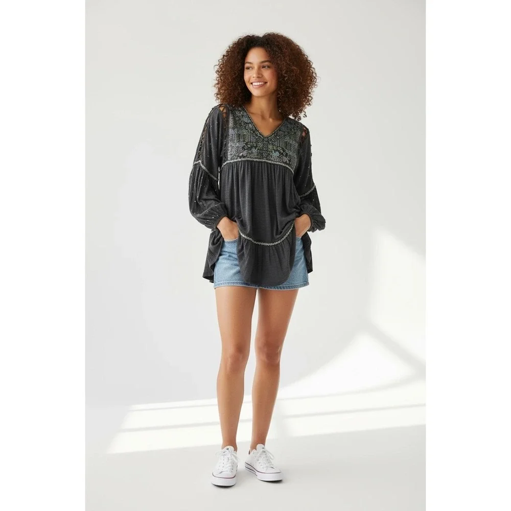 $148 Free People Much Love Tunic / Mini Dress Embroidered Cutout Back Black Sz S